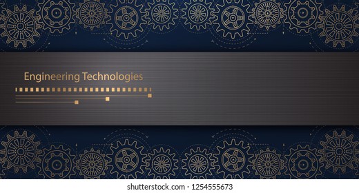 Technological background .Spinning gears on a black background .Engineering technical banner