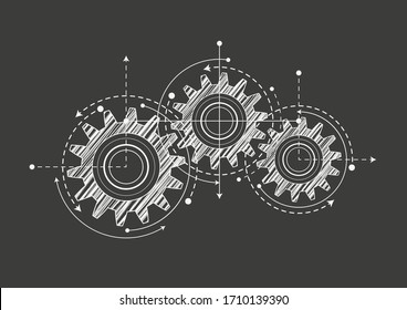 Technological background .Technical drawing of gears .Rotating mechanism of round parts . Vector illustration.