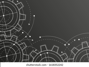 Technological black background .Technical drawing of gears .Rotating mechanism of round parts .Machine technology. Vector illustration.	