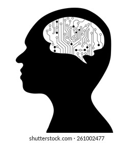Technological brains . Vector eps10.silhouette of the head and  brain. process of human thinking. The concept of intelligence. People communication with the outside world.