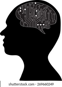 Technological brains . Vector eps10.silhouette of the head and  brain. process of human thinking. The concept of intelligence. People communication with the outside world.