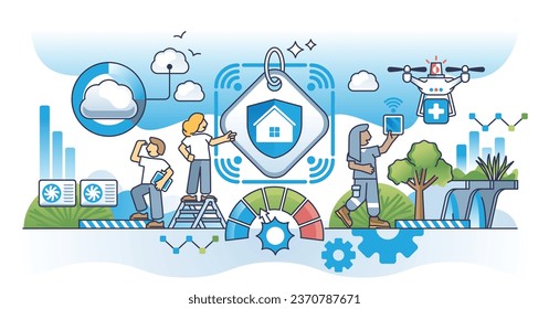 Technological breakthrough in home and medical security outline concept. Modern progress for safe protection from threat vector illustration. Risk prevention with innovative and smart tech services.