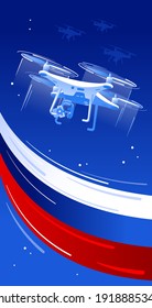 Technological breakthrough of Russia. Drones in the sky with flag of Russia. Vector illustration