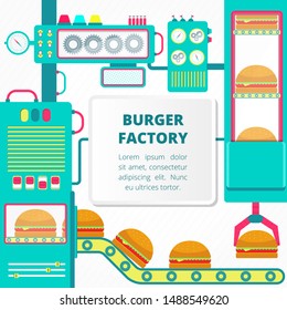 Technological burgers factory. Colorful factory of hamburger with cute machines. Flat design. Blank space for insert text.