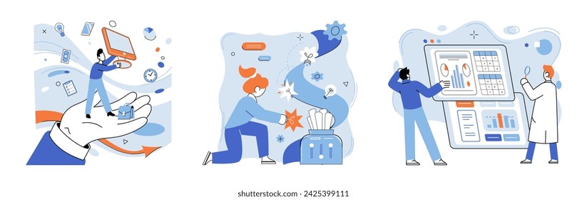 Technological business solutions vector illustration. Technological solutions carve path to financial prosperity Creative minds sculpt statues success in technological realms Digital landscapes