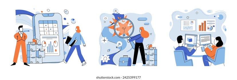 Ilustración vectorial de soluciones empresariales tecnológicas. Paisajes digitales exhiben tapices tejidos por soluciones tecnológicas Los ríos de inversión fluyen por valles de desarrollo tecnológico Gestión