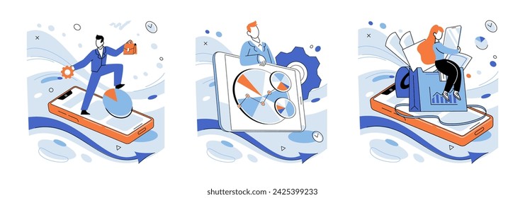 Technological business solutions vector illustration. Intelligent analysis illuminates path to technological solutions Investment seeds blossom into flowers technological development Management steers