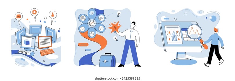 Technological business solutions vector illustration. Technological solutions carve path to financial prosperity Creative minds sculpt statues success in technological realms Digital landscapes