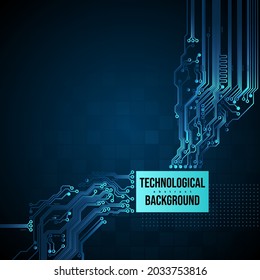 Technological circuit background, concept design, space for text. Printed circuit board. Electronic computer technology, digital chip. Internet network. Poster, banner, template. Vector cyber graphics