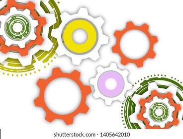 Technological colorful background with cogwheel, gears, cover template. Illustration of abstract design with copy space. Vector illustration