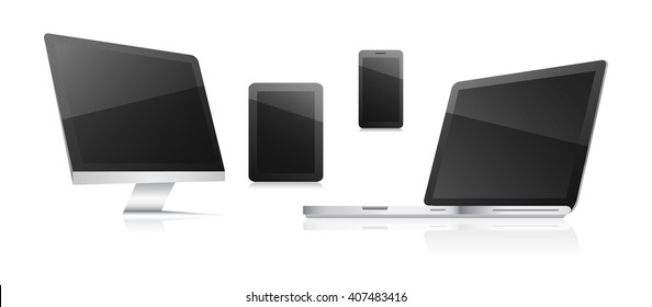 Technological communication devices on a white background. Computer, tablet, smart phone and laptop. Vector illustration.