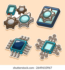 Ilustração de componentes tecnológicos e dispositivos digitais