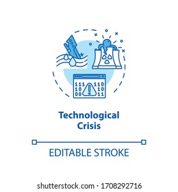 Icono del concepto de crisis tecnológica. Ilustración de línea delgada de idea de falla tecnológica. Desastres naturales, emergencias económicas y sociales. Dibujo de color RGB con contorno aislado por vectores. Trazo editable