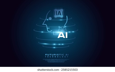 Technological Digital Brain with AI Chip. AI head concept Vector illustration. Artificial Intelligence Head, Isometric Vector banner for AI head system in vector