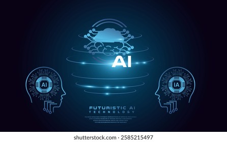 Technological Digital Brain. AI head concept Vector illustration. Artificial Intelligence Head, Isometric Vector banner for AI head system in vector