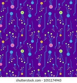 Technological digital seamless pattern with colorful elements on deep violet background