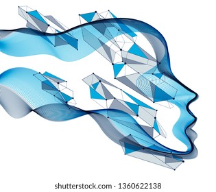 Technological evolution time, digital software soul of machine, human head vector portrait made of dotted particles flow in wave shapes lines. Beautiful futuristic illustration.