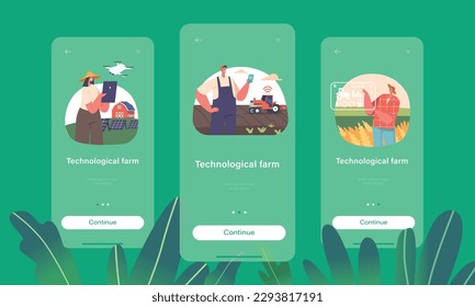 Plantilla de pantalla de la página de aplicaciones móviles de la granja tecnológica a bordo. Los Agricultores Trabajan En Granja Inteligente Con Iot Tech Vector Illustration