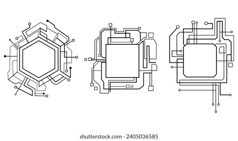 Technological futuristic frames for science fiction set line drawing.Frames,icons for text with a pattern of microcircuits.Element for the web,brochure, presentation or infographic.Vector illustration