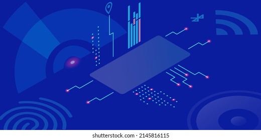 Technological graphic background with techno elements, decorative elements, diagrams, icons on a blue background. For the design of modern designs
