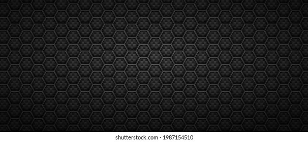 Technological hexagonal black background. Geometric polygonal tiles laid in abstract rows in monochrome vector minimalism.