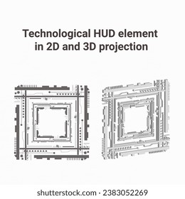 technological HUD element in 2D and 3D projection for design, diagrams, posters, postcards, web, technology descriptions, instructions