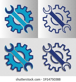 Technological icon in different variations. Wrench on the background of the gear. Contours and shadows. EPS10