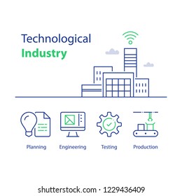 Technological industry, automated production, smart solution, modern factory building, assembly line, quality control and testing, engineering concept, computer monitor, vector linear icon