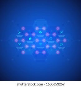 Technological infographic background with flat icons and symbols. Concept and idea for the internet of things, communication, network, innovation technology, system integration. Vector illustration