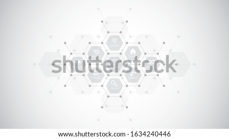 Technological infographic background with flat icons and symbols. Concept and idea for the internet of things, communication, network, innovation technology, system integration. Vector illustration