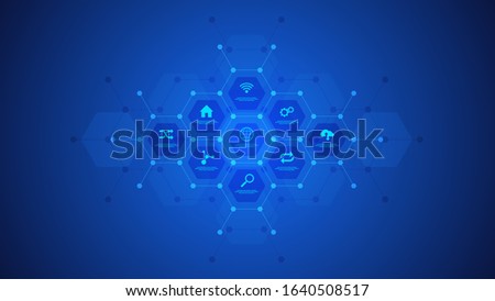 Technological infographic background with flat icons and symbols. Concept and idea for the internet of things, communication, network, innovation technology, system integration. Vector illustration