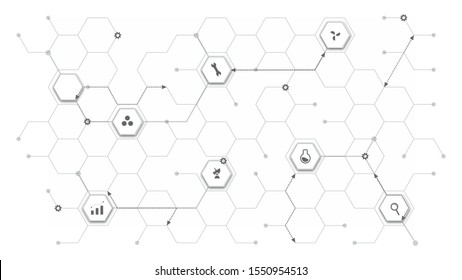 Technological infographics. Hexagonal icons of scientific achievements and the relationship between them. Vector tech background