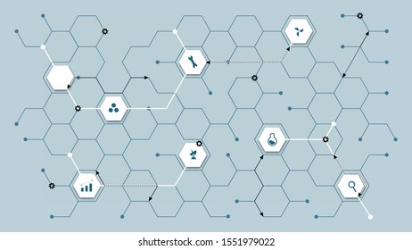 Technological infographics. Hexagonal icons of scientific achievements and the relationship between them. Vector tech background