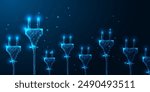 Technological infrastructure in digital era, connectivity, energy futuristic concept banner with numerous electric plugs on dark blue background. Glowing low polygonal style. Vector illustration.