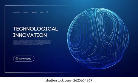 Technological innovation concept with abstract glowing sphere, futuristic blue background, advanced digital technology, artificial intelligence systems, and modern UI design for progress and