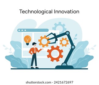 Technological Innovation concept. Integrating advanced automation for productivity and cost management in business operations. Flat vector illustration