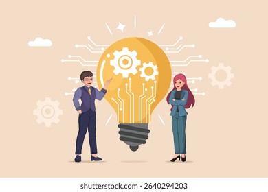 Technological Innovation: Two Business Professionals Presenting a Large Lightbulb with Integrated Gears and Circuitry, Symbolizing the Collaboration of Ideas and Innovation for Growth.