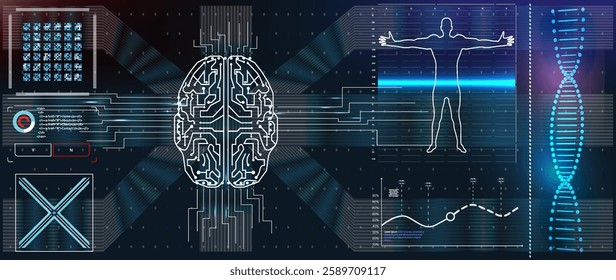 Technological integration of brain and body with digital patterns and visuals in a sleek design environment.
