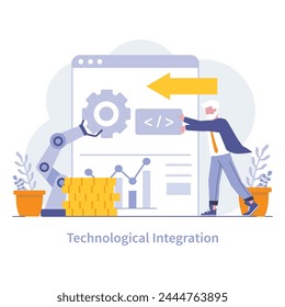 Technological Integration Concept. Illustration of advanced IT solutions enhancing business operations through automation and data-driven strategies. Vector illustration.