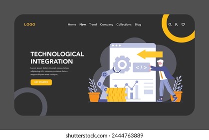 Technological Integration night or dark mode web or landing page. Illustration of advanced IT solutions enhancing business operations through automation and data-driven strategies.