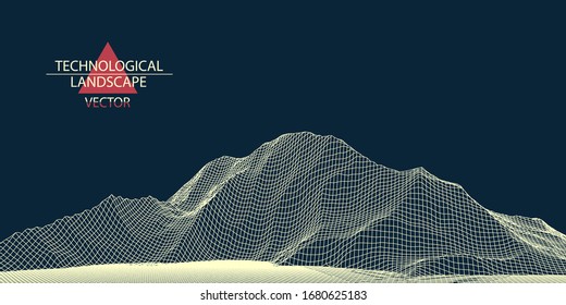 Technological landscape of the future .3D grid technology illustration . Digital terrain cyberspace in the mountains with valleys. Vector .