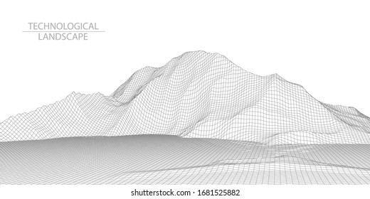 Technological landscape of the future on a white background .3D grid technology illustration . Vector .	