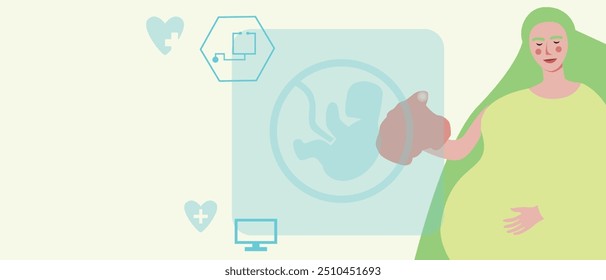 Technological management of pregnancy through halogram, copy space template, flat vector illustration with pregnant woman