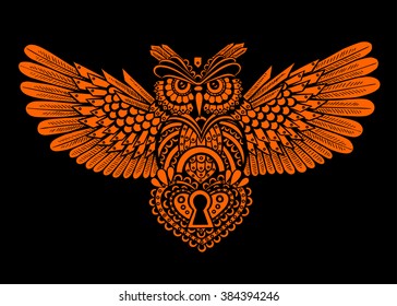 Technological owl with spread wings with a keyhole in the style of steampunk