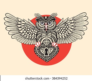 Technological owl with spread wings with a keyhole in the style of steampunk