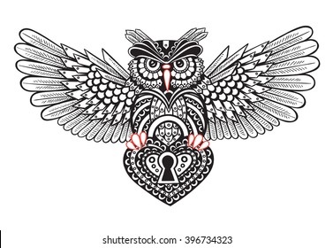 Technological owl with spread wings with a keyhole in the style of steampunk