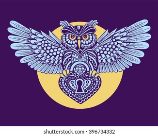 Technological owl with spread wings with a keyhole in the style of steampunk