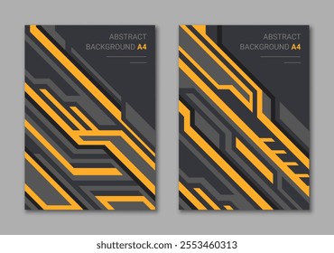 Technological pattern backgrounds set. Dynamic cyber design with yellow lines for A4 cover.