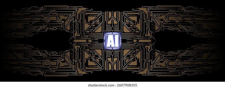 Technological pattern with a central processor. Golden lines of the circuits create a high-tech style, conveying the atmosphere of advanced technologies, artificial intelligence and cybernetics.