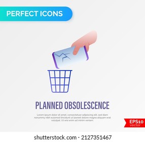 Technological planned obsolescence gradient flat icon. Broken smartphone thrown into the trash. Overconsumption problem. Vector illustration.
